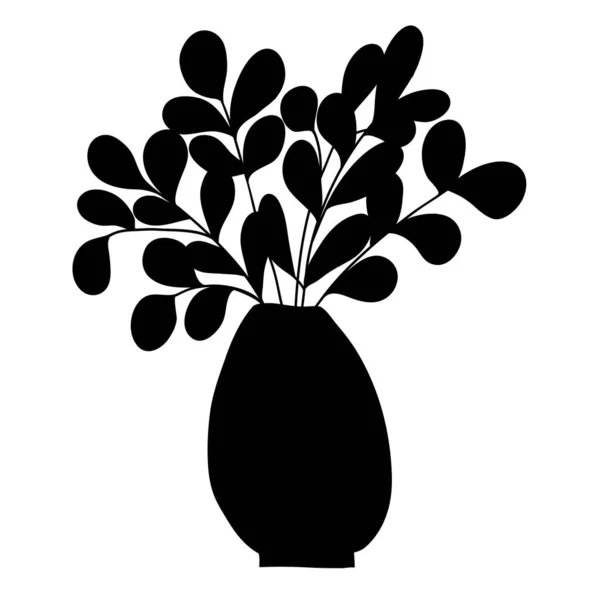 Zwart Silhouet Van Cartoon Plant Met Lange Takken Kleine Bladeren — Stockvector