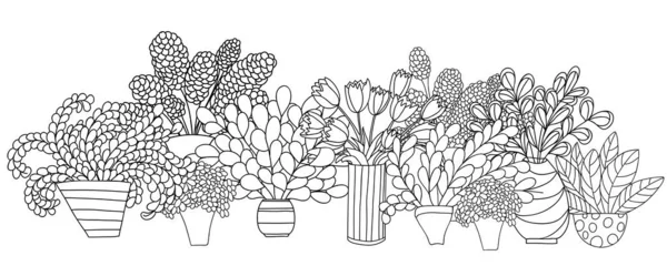 Composición Horizontal Con Plantas Dibujos Animados Contorno Flores Macetas Floreros — Vector de stock