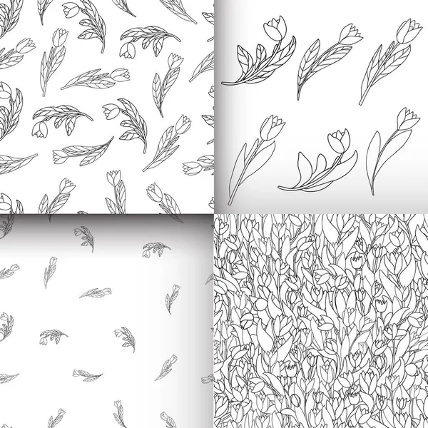Set Seamless Pattern Cute Cartoon Flowers Tulips White Background Good — Stock Vector
