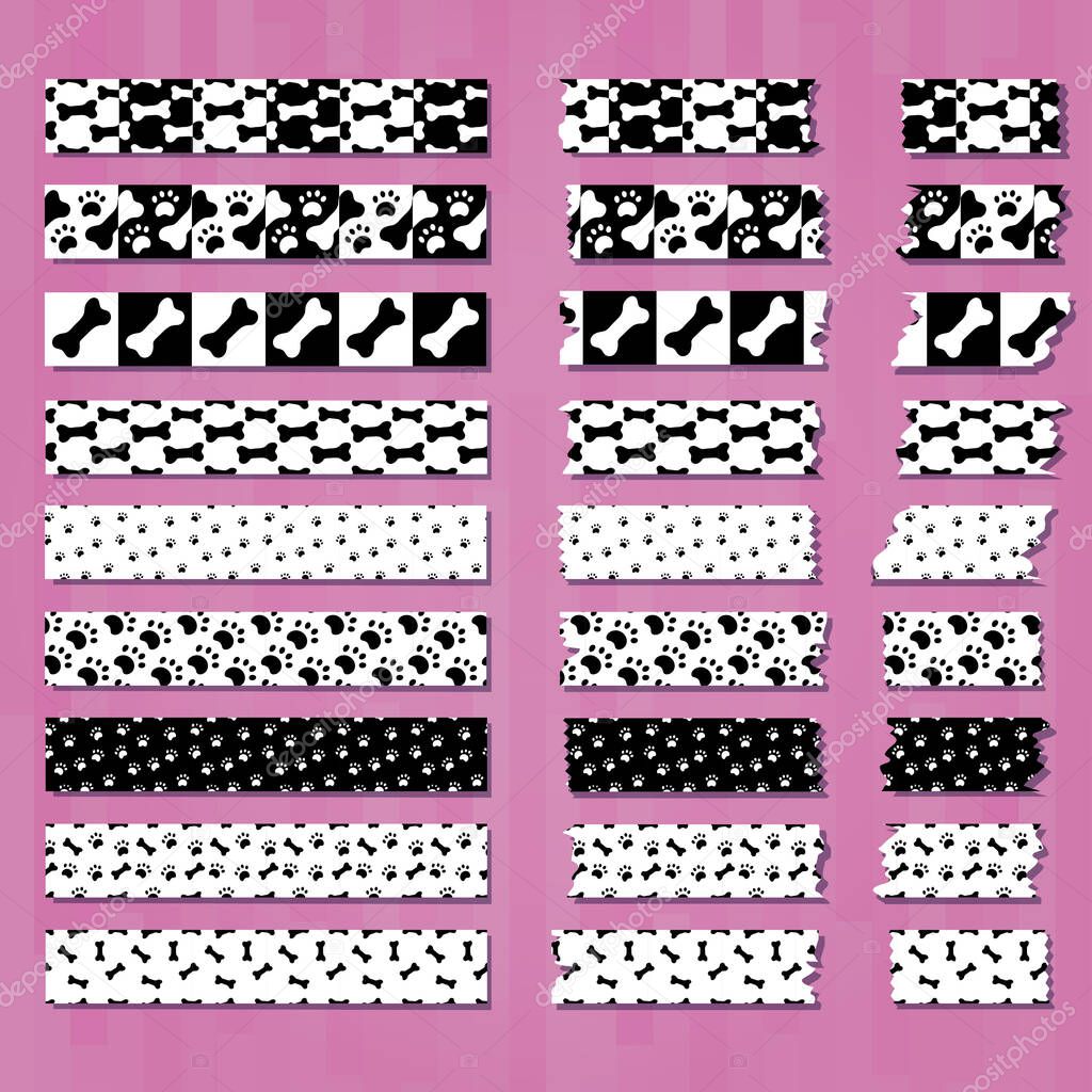 Set of cute decorative tapes of doggish style. Paws and bones. Collection of different strips ans scotches. Good for scrapbooking, craft, handmade. Vector. 