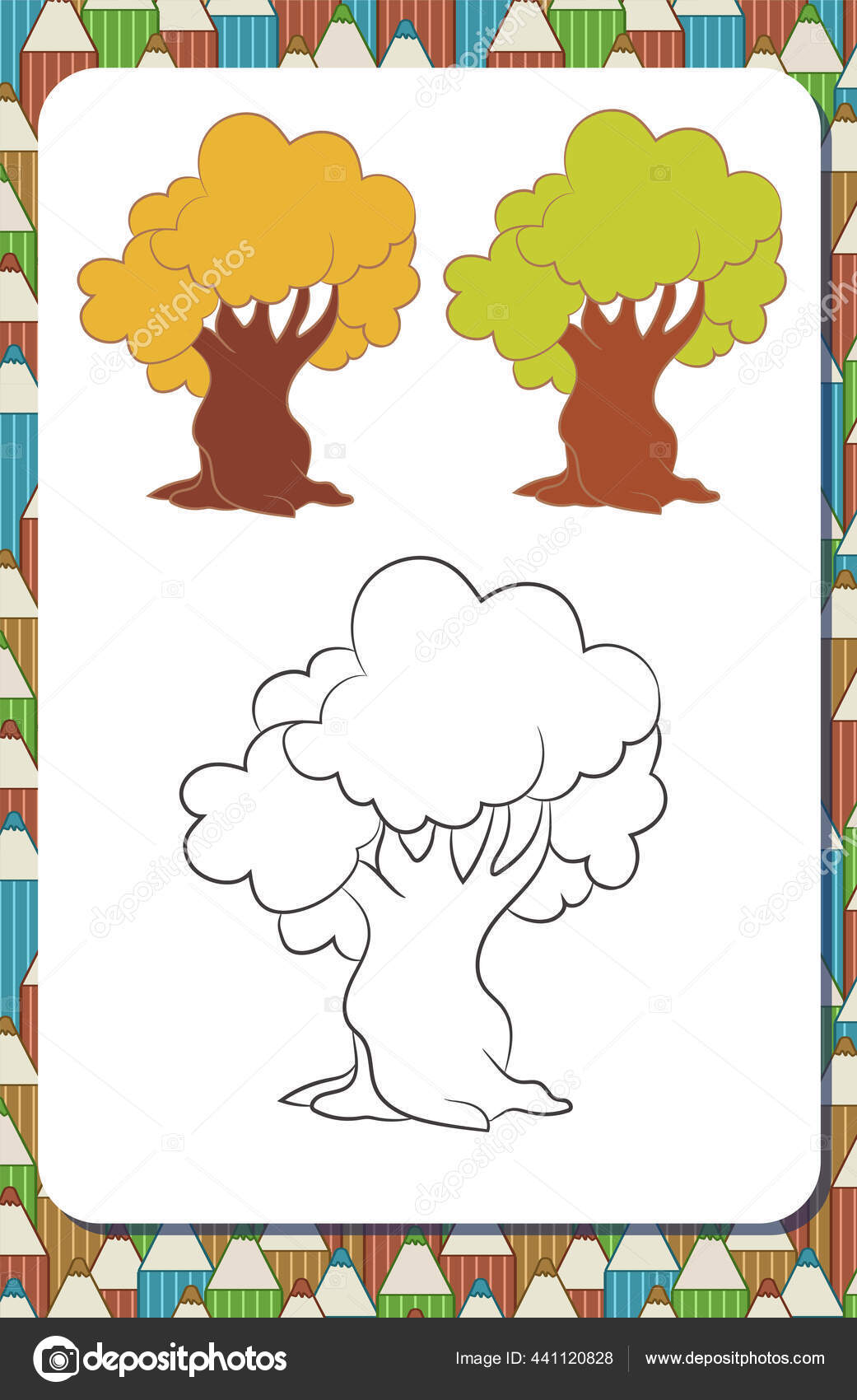 Halaman Potret Buku Mewarnai Dengan Kontur Pohon Kartun Dan Contoh Stok Vektor Zinako 441120828