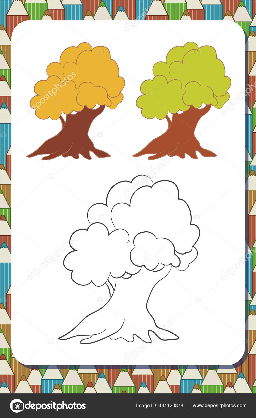 Halaman Buku Mewarnai Dengan Kontur Pohon Kartun Dan Contoh Berwarna Stok Vektor Zinako 441120878