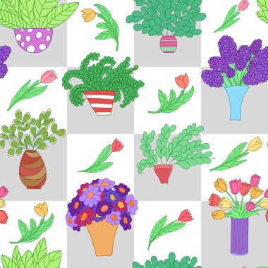 Çizgi filmlerdeki renkli bitkiler, saksılarda ve lalelerde çiçekler, kusursuz desenler. İnce gri ve beyaz arkaplan. Kalıplar için iyi, yüzey tasarımı, tekstil, kumaş, imalat, ambalaj kağıdı, arka planlar, duvar kağıtları ve kapaklar için. Vektör il