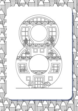 8 numaralı çizgi film, ev şeklinde çizilmiş. Beyazda izole edilmiş. Boyama kitabı için dikey portre sayfası. Vektör çizimi. Kalemleri olan sevimli bir arka plan. İngiliz alfabesi. Yazı tipi oluşturuluyor. Mimari tip. Latin alfabesi.  