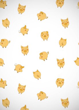 Üzerinde şirin, sarı domuzlar, elmalar ve beyaz meşe palamutları olan dikey tebrik kartı. Vektör çizimi. Portre yönelimi.