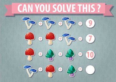 Bunu çözebilir misin? Ormanlı arka planda çizgi film mantarlarıyla matematik oyunu