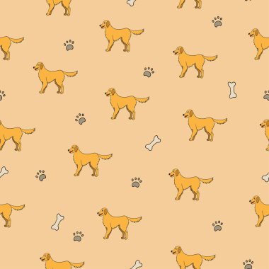 Çizgi film Labrador Retriever köpeği, kemikleri ve pençeleriyle kusursuz desen. Sarı vektör illüstrasyonu.