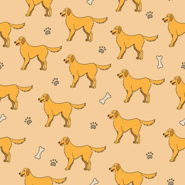 Çizgi film Labrador Retriever köpeği, kemikleri ve pençeleriyle kusursuz desen. Sarı vektör illüstrasyonu.