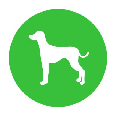 Köpek dostu işareti. Yeşil dairedeki beyaz köpek silueti. Vektör çizimi. Dalmaçyalı çifti