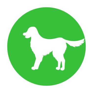 Köpek dostu işareti. Yeşil dairedeki beyaz köpek silueti. Vektör çizimi. Breed labrador, golden retriever.