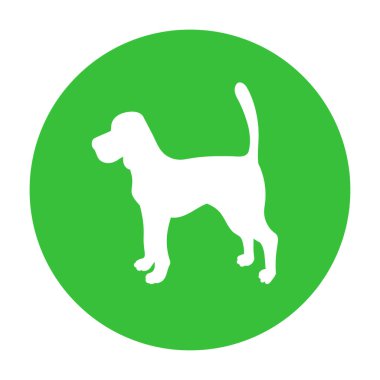 Köpek dostu işareti. Yeşil dairedeki beyaz köpek silueti. Vektör çizimi. Yavru av köpeği..