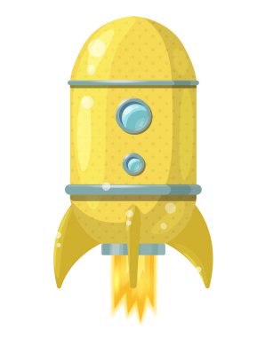 Beyaz arka planda izole edilmiş alevli çizgi film sarı roketi. Vektör illüstrasyonu