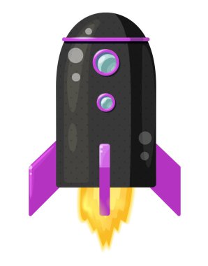 Beyaz arka planda alevi olan siyah çizgi film roketi. Vektör illüstrasyonu