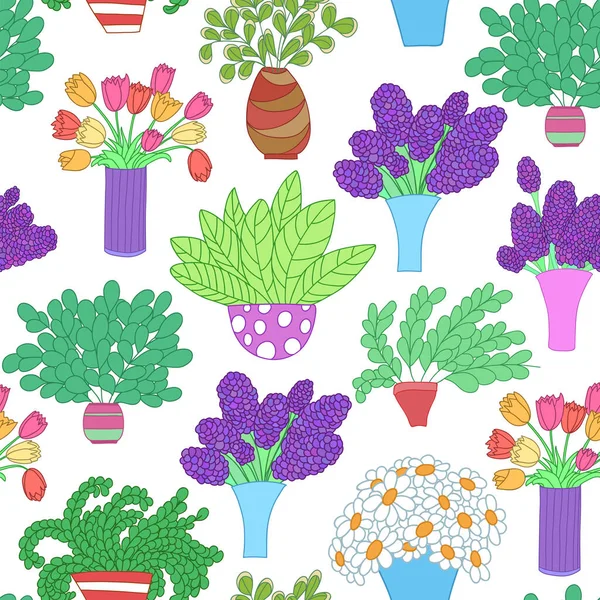 无缝图案与可爱的卡通色彩植物和花卉在壶和郁金香 适用于图案填充 表面设计 包装纸 墙纸及封面 — 图库矢量图片