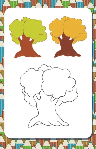 Vertikale Portraitseite Eines Malbuchs Mit Kontur Cartoon Baum Und Farbigen — Stockvektor