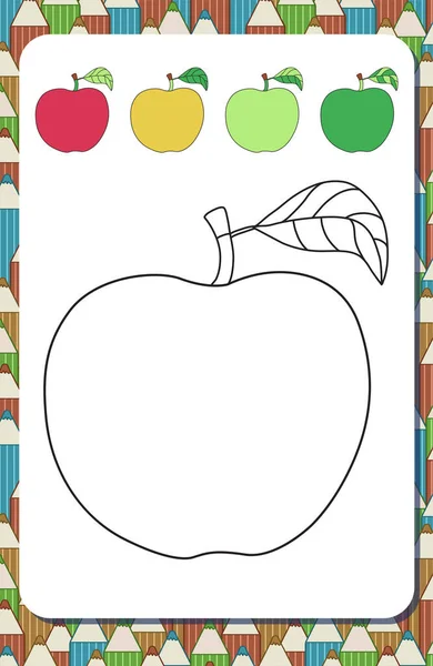 Seite Zum Ausmalen Cartoon Kontur Apfel Und Bunte Muster Hintergrund — Stockvektor