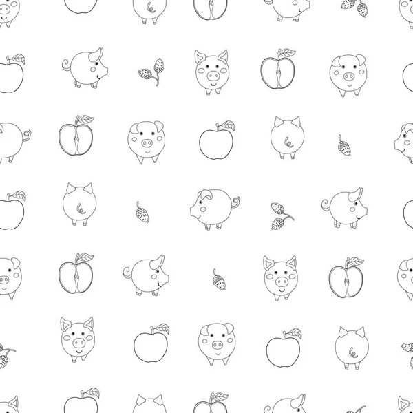 Απρόσκοπτη Μοτίβο Μικρά Περίγραμμα Χοίρων Κινουμένων Σχεδίων Μήλα Και Βελανίδια — Διανυσματικό Αρχείο