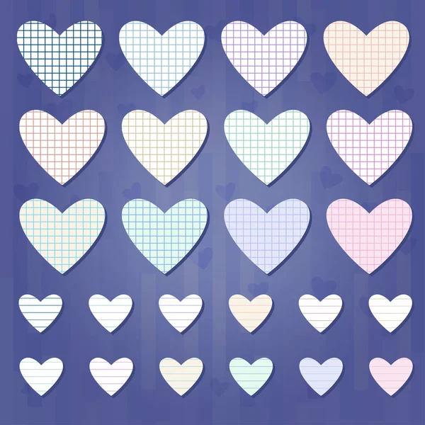 Set Paper Checkered Striped Paper Hearts Darl Blue Background — Stock Vector