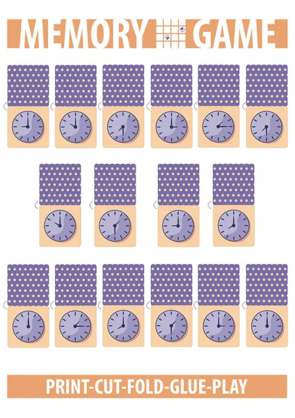 時計の顔を持つメモリカードゲーム 印刷可能なA4縦ページ — ストックベクタ