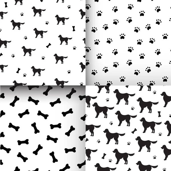 Σετ Από Σχέδια Seamless Μαύρες Σιλουέτες Του Καρτούν Λαμπραντόρ Σκυλιά — Διανυσματικό Αρχείο