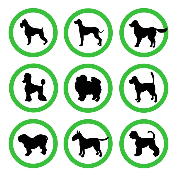 一套不同品种的爱犬标志 有黑色轮廓的绿色圆圈 — 图库矢量图片