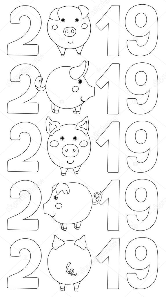 Set of number 2019 with pig instead 0. Vector contour illustration isolated on white background. 