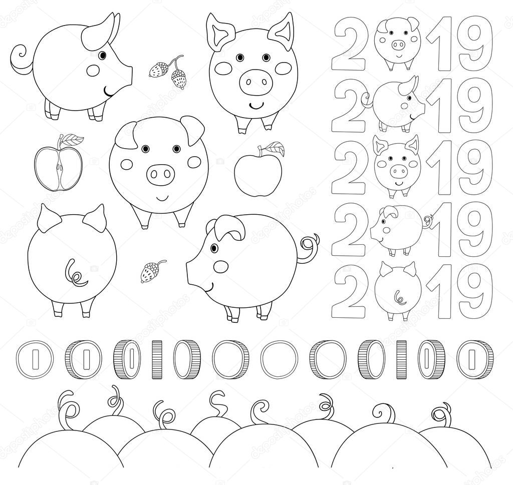 Big set of cartoon contour vector illustrations isolated on white background. Pig: face, profile, back view. Sliced and whole apple. Acorn. 2019. Coin rotation. Pig tails for borders.  