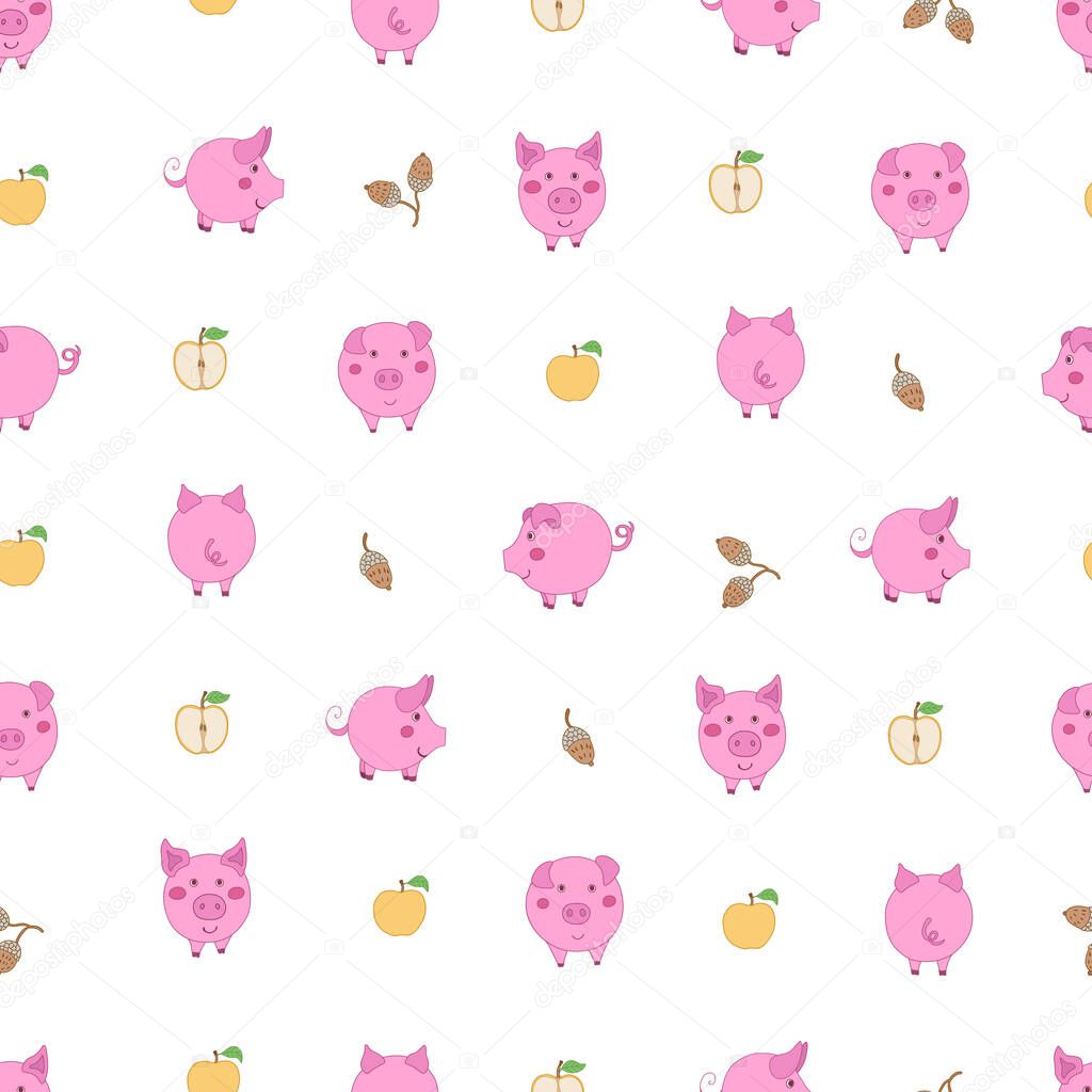 Seamless pattern with small cartoon pink pigs, yellow apples and acorns on white background. Vector illustration. 