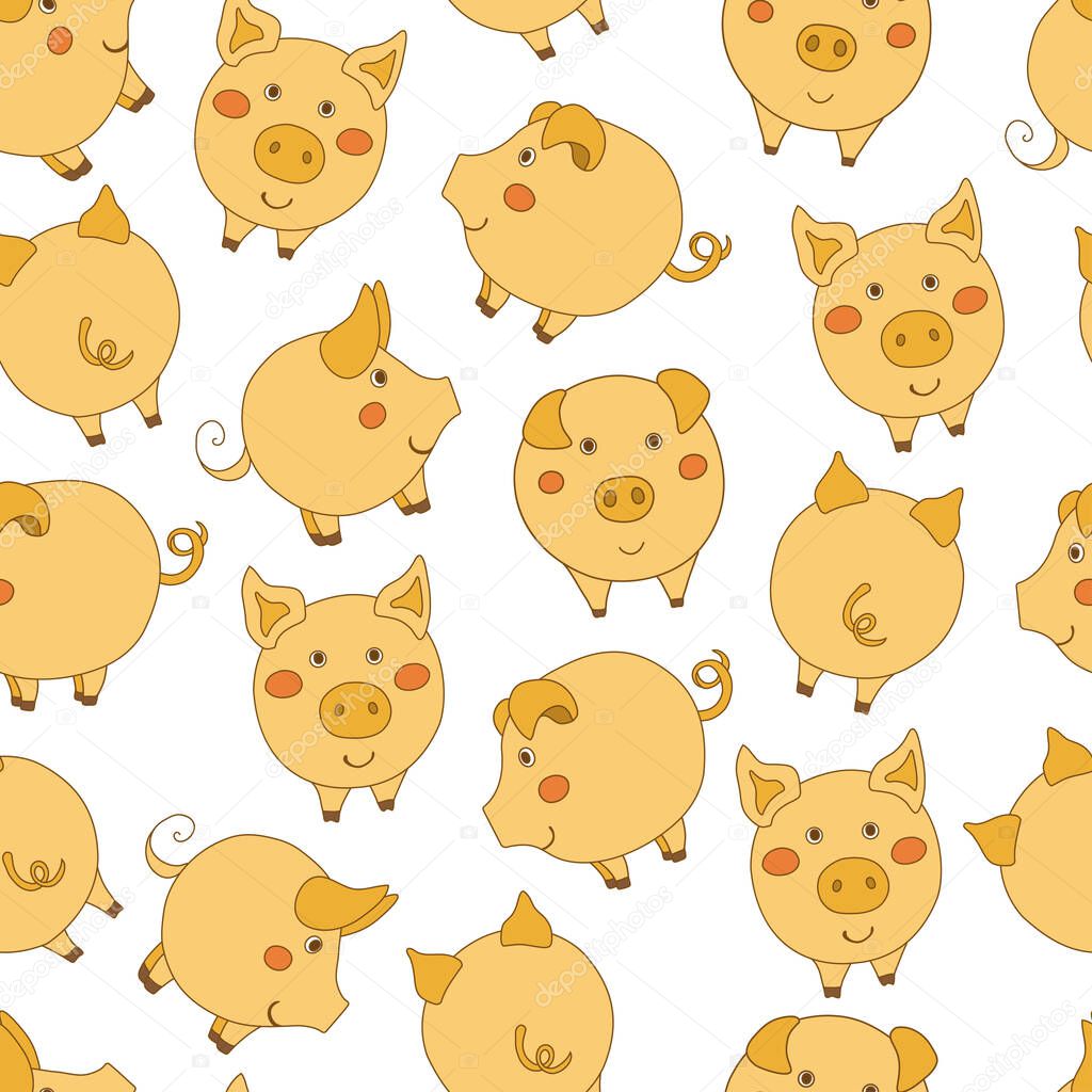 Seamless pattern with cute cartoon yellow pigs on white background. Vector illustration. 