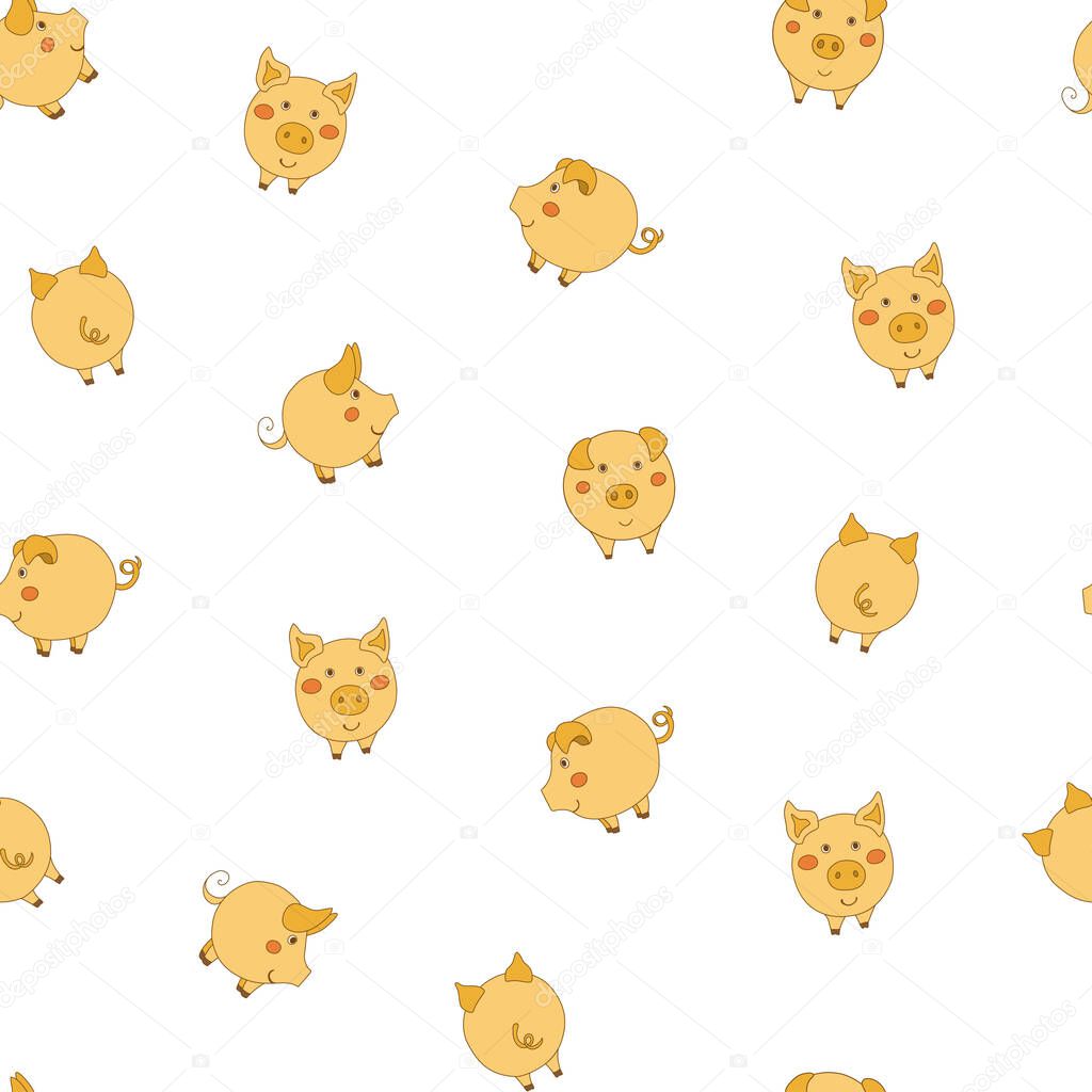 Seamless pattern with cute cartoon small yellow pigs on white background. Vector illustration. 