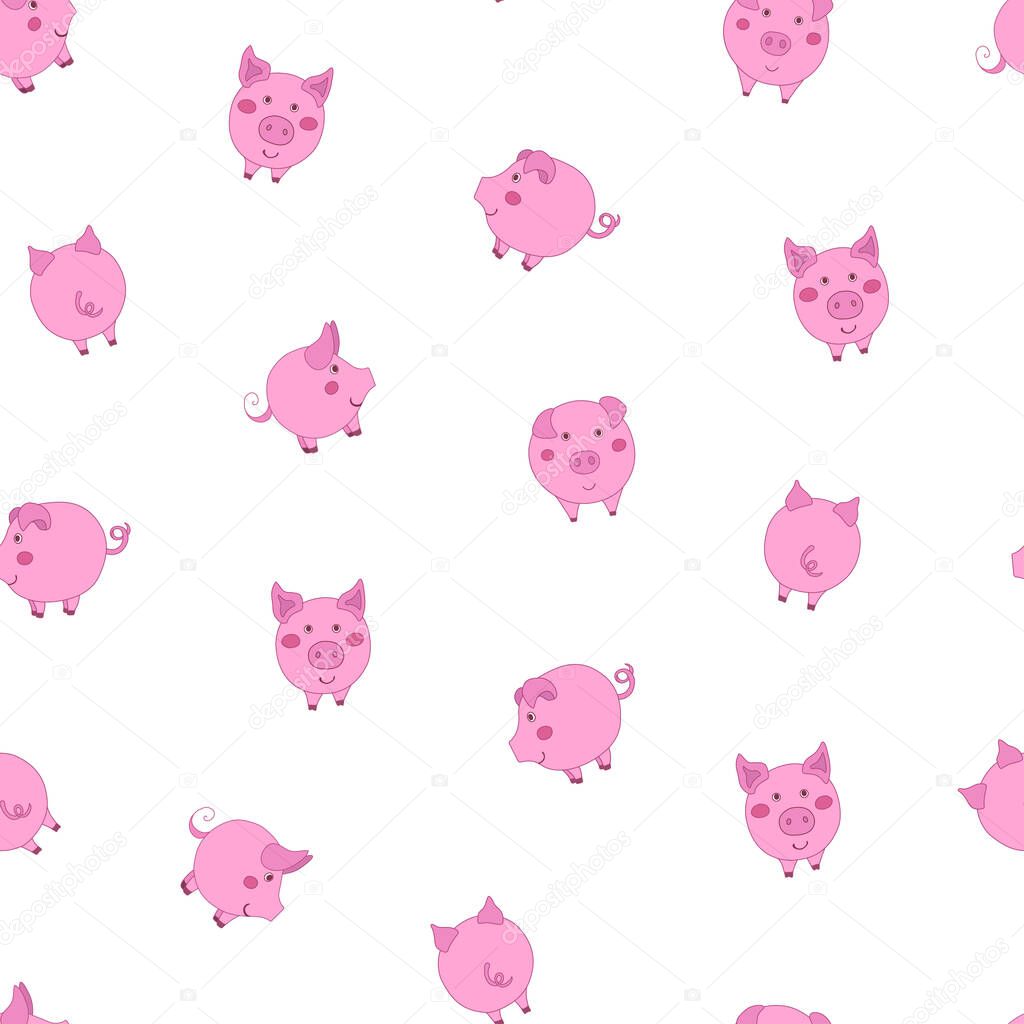 Seamless pattern with cute cartoon small pink pigs on white background. Vector illustration. 