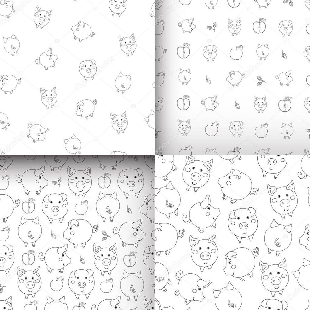 Set of seamless contour patterns with cartoon pigs, apples and acorns. Vector