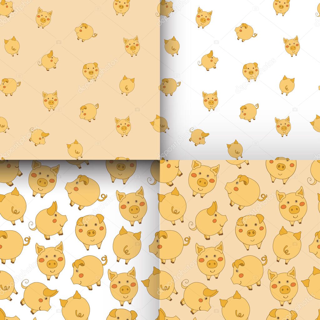 set of seamless yellow and white patterns with cute cartoon pigs. Vector illustration. 