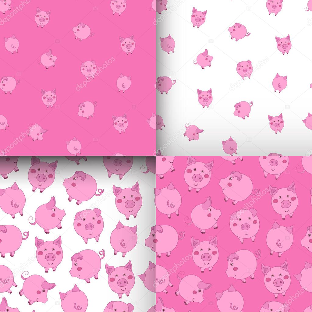 Set of seamless pink and white patterns with cute cartoon pigs. Vector illustration. 