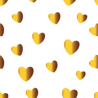 Kusursuz desenli, beyaz arka planda altın metalik sarı kalpler. Vektör.