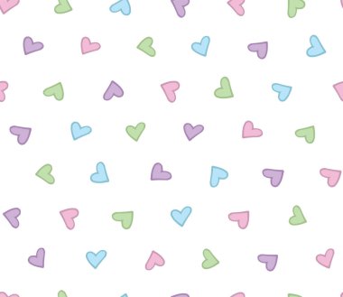 Basit, sevimli kalpleri olan kusursuz bir desen. Pastel şirin renkler. Vektör