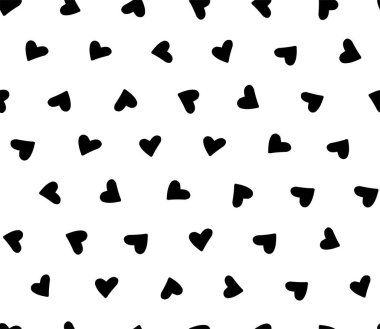 Basit, sevimli kalpleri olan kusursuz bir desen. Siyah beyaz çizim. Vektör