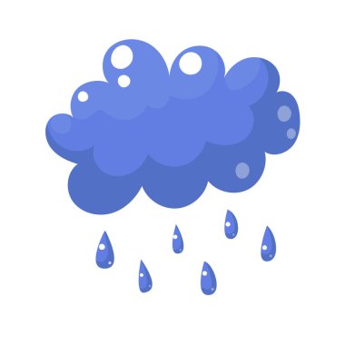 Yağmur damlalı karikatür bulutu beyaz arka planda izole edilmiş. Vektör illüstrasyonu.