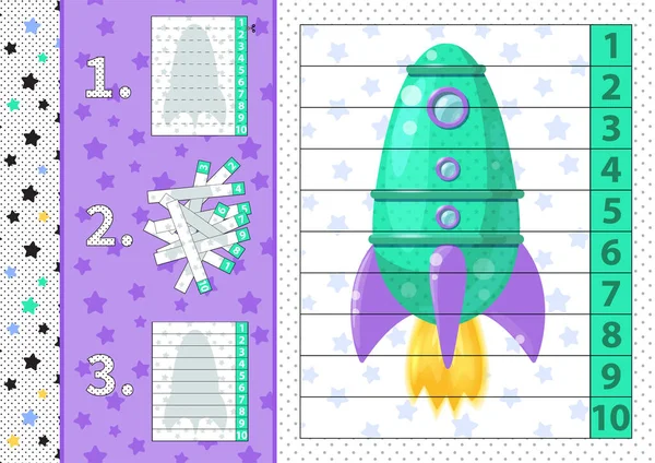 Zahlenrätsel Mit Cartoon Rakete Von Bis Zuschneiden Und Zusammenfügen Vektor — Stockvektor