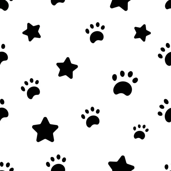 Nahtloses Muster Mit Schwarzen Sternen Und Pfoten Auf Weißem Hintergrund — Stockvektor