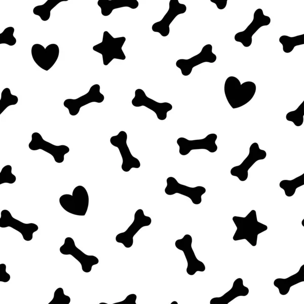 Nahtloses Muster Mit Schwarzen Knochen Sternen Herzen Auf Weißem Hintergrund — Stockvektor