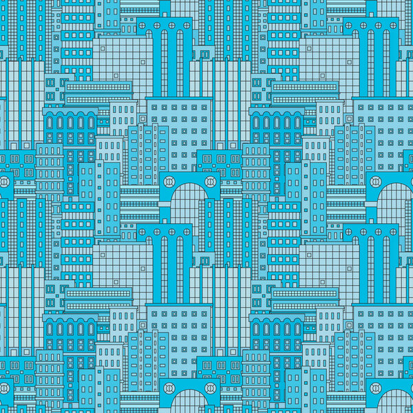Бесшовный паттен с городским пейзажем. Город, город, небоскребы. Синяя векторная иллюстрация