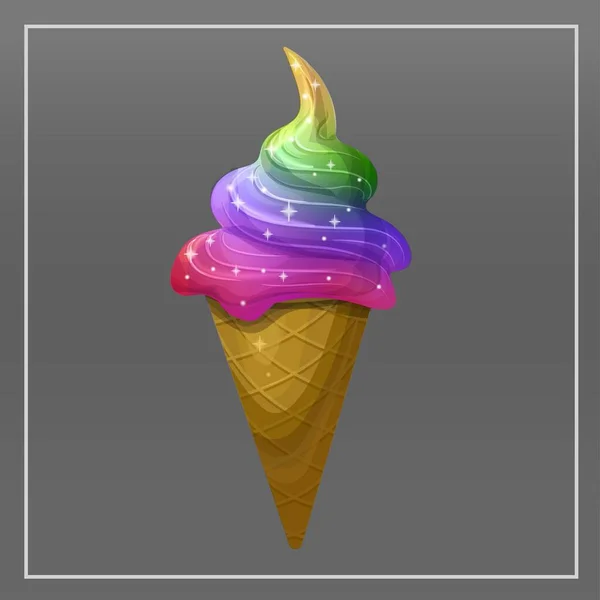 Cute Vector Multicolored Ice Cream Waffle Cone Grey Background — Stock Vector