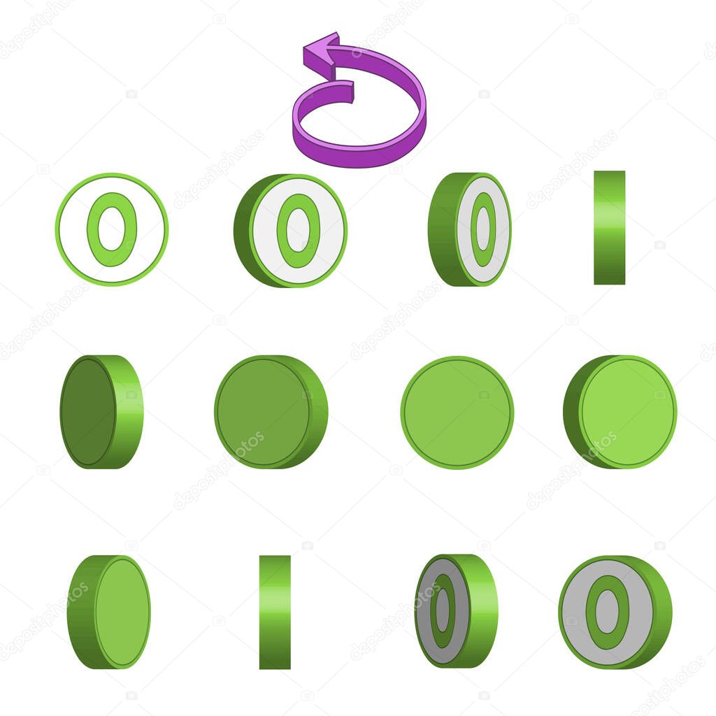 Number 0 in circle rotation sequence sprite sheet on white background. Vector illustration.