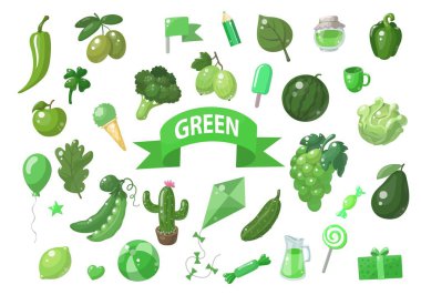 Beyaz üzerine izole edilmiş büyük bir yeşil vektör kümesi. Meyveler, sebzeler, yiyecekler, yıldızlar, hediyeler, balonlar ve diğerleri. Renk öğrenmek için iyi.
