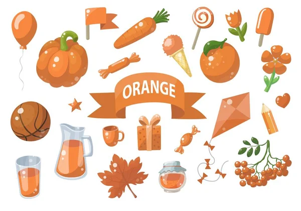 Große Menge Orangefarbener Vektorobjekte Isoliert Auf Weiß Obst Gemüse Lebensmittel — Stockvektor