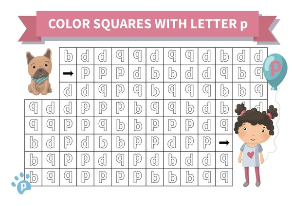 Spel som går att skriva ut. Kalkylblad för barn. Övning om brevväxlingar b, d, q, p. Maze med flicka och fransk bulldogg, Page a4, Vector. — Stock vektor