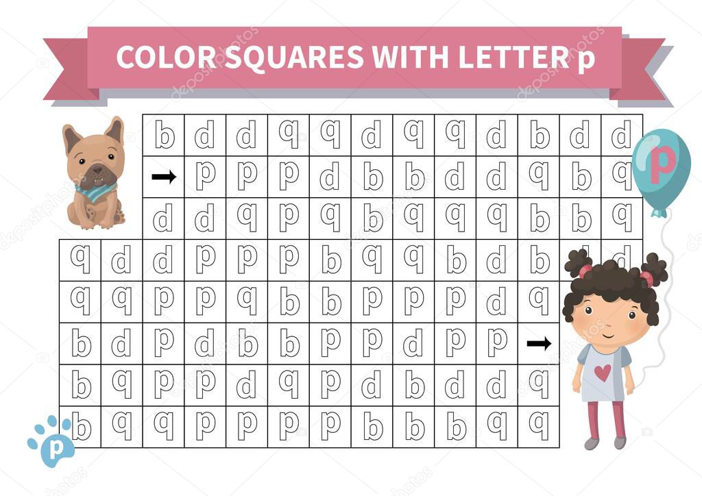 Printable game. Worksheet for kids. Exercise about letter reversals b, d, q, p. Maze with girl and french bulldog, Page a4, Vector.