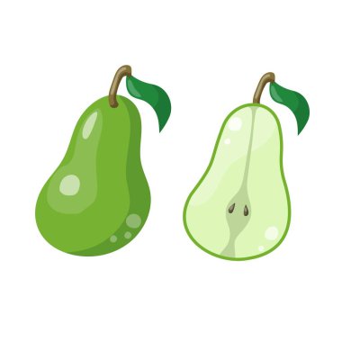 Renkli yarının yeşil vektör çizimi ve sulu armudun tamamı. Resimler beyaz arkaplanda izole edildi.