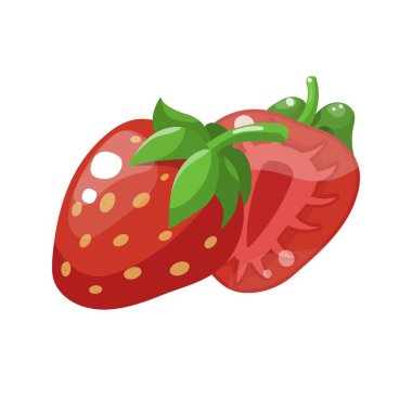 Çizgi filmdeki bütün ve dilimlenmiş çilekler. Meyvelerin yarısı. Vektör illüstrasyonu beyaz arkaplanda izole edildi